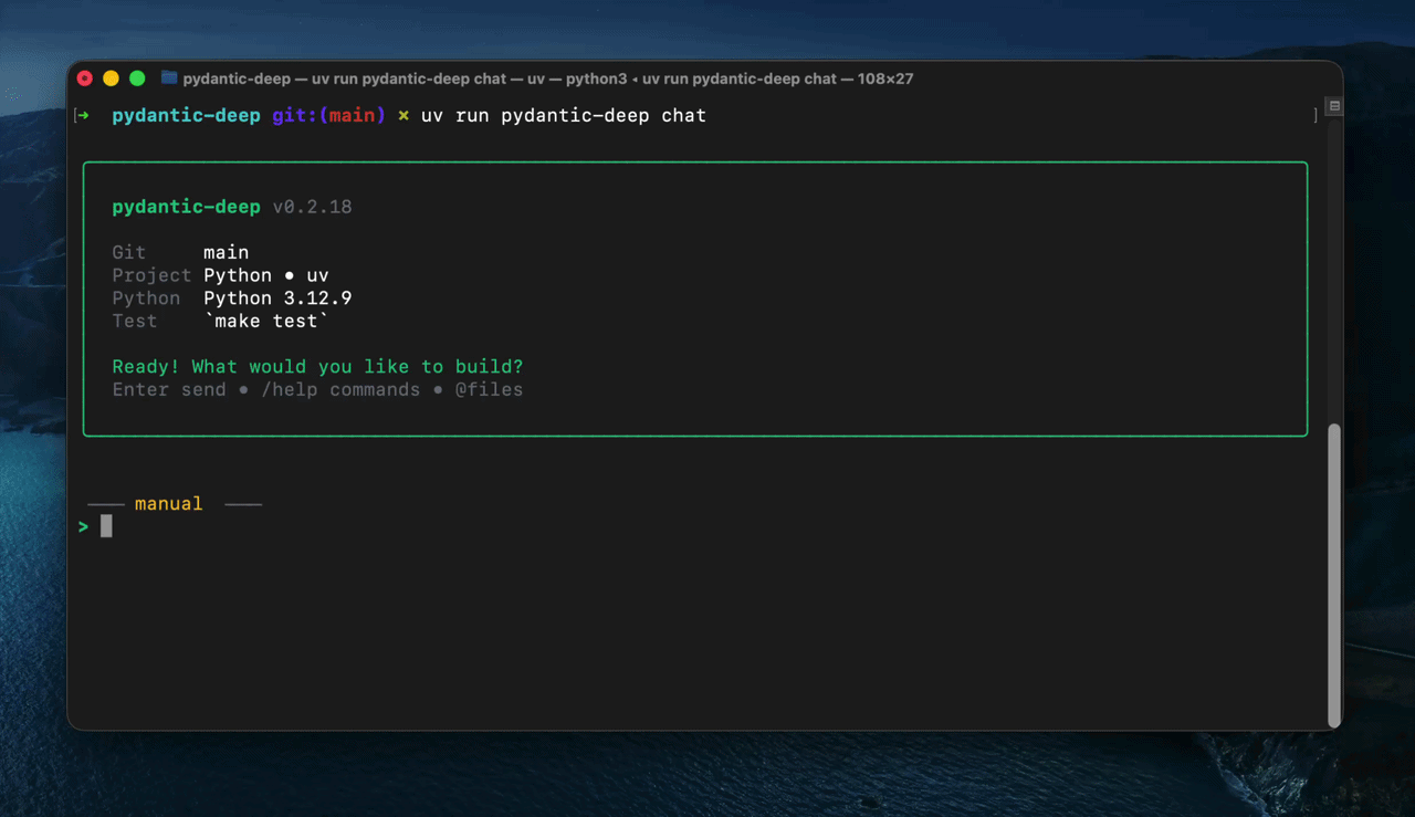 Pydantic Deep CLI demo — launching agent session